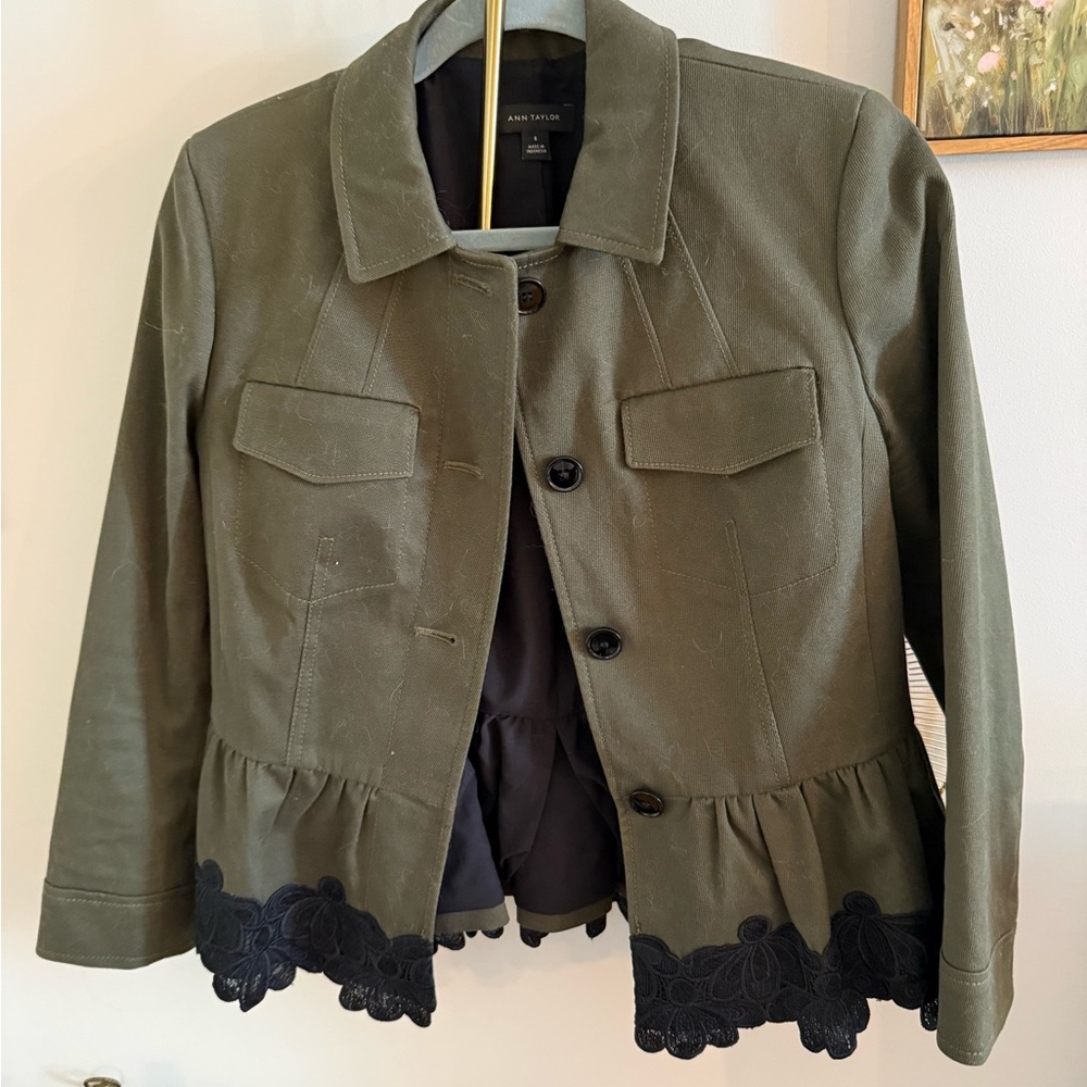 Ann Taylor Olive Green Peplum Jacket with Black Lace Trim